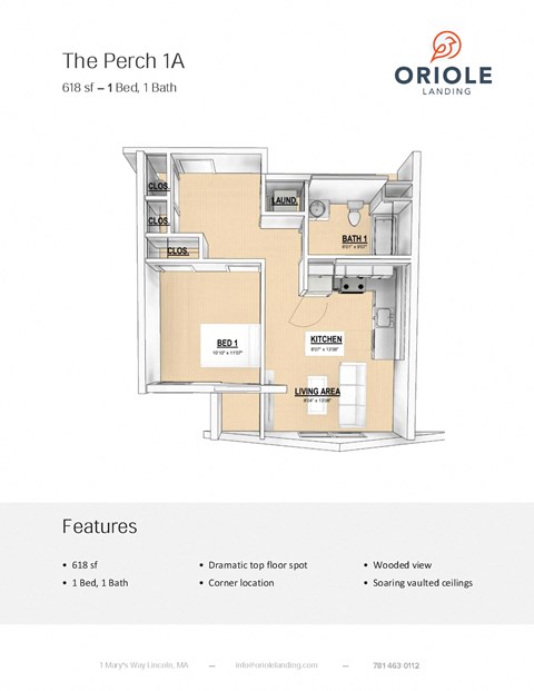 Floor plan for 1 bed, 1 bath, 618 sqft